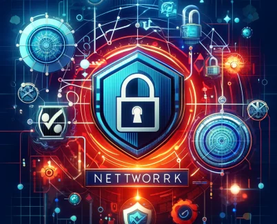 تصویر حرفه‌ای و شیک که نمادهای دیوار آتش، رمزنگاری و حفاظت از داده‌ها را با متن IranNetwork به نمایش می‌گذارد.