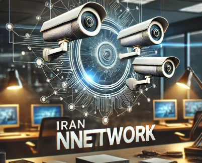 نصب دوربین‌های نظارتی در یک دفتر مدرن با برجسته‌سازی برند Iran Network، نمایش‌دهنده تخصص در سیستم‌های امنیتی و شبکه.