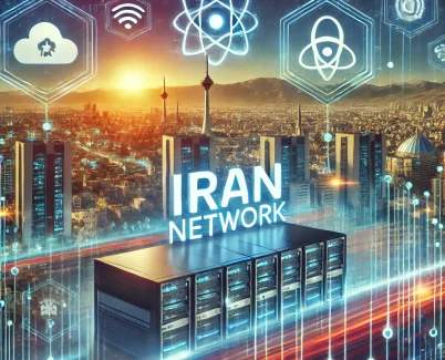 تصویر مدرن و پرانرژی که خدمات پشتیبانی IT در تهران را با متن "IranNetwork" به‌طور برجسته نمایش می‌دهد.