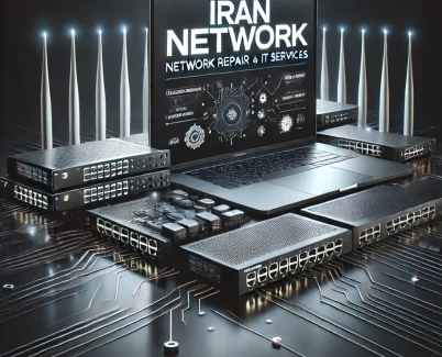 تصویری شیک و مدرن از تعمیرات شبکه و تجهیزات IT با نمایش متن 'IranNetwork' و تجهیزات شبکه پیشرفته.