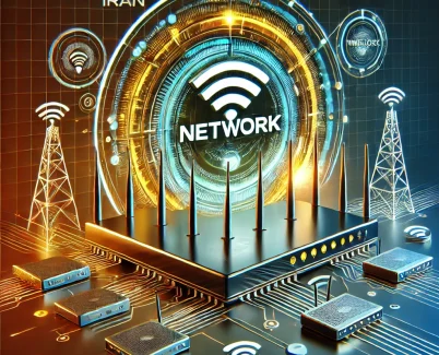 تصویر مدرن و شکیل نمایش‌دهنده تنظیمات و پیکربندی شبکه بی‌سیم با متن بزرگ "IranNetwork