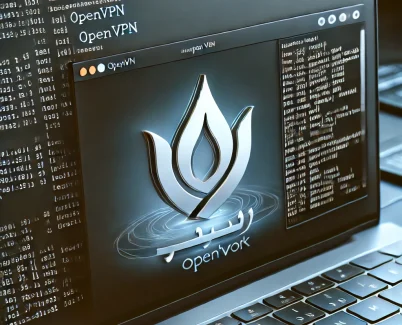 تصویر مدرن و حرفه‌ای که نصب و راه‌اندازی OpenVPN بر روی لینوکس را نمایش می‌دهد، با پنجره‌ای از ترمینال و نمایش جزئیات دستورات، همراه با لوگوی IranNetwork