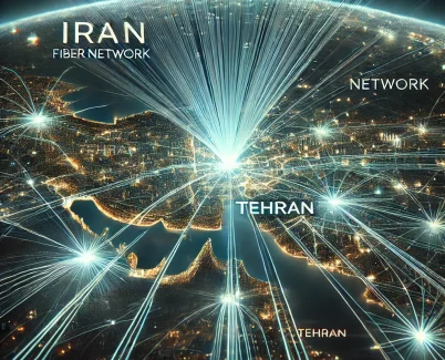 تصویر مدرن و حرفه‌ای از زیرساخت‌های شبکه فیبر نوری در تهران، با نمایش کابل‌های نوری درخشان و نام "IranNetwork" به‌طور برجسته.